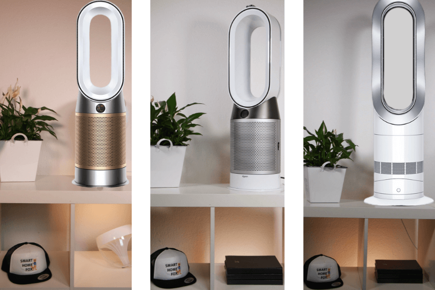 Unterschiedliche Dyson Heizlüfter stehen im Test und Vergleich nebeneinander